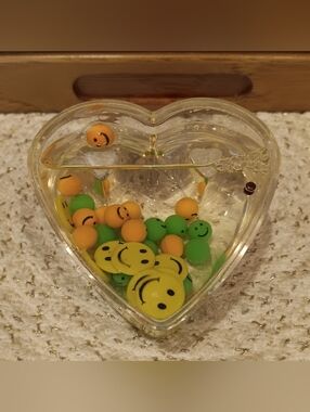 Vintage 1990's Water-Filled Smiley Face Neon Acrylic Heart-Shaped Paperweight